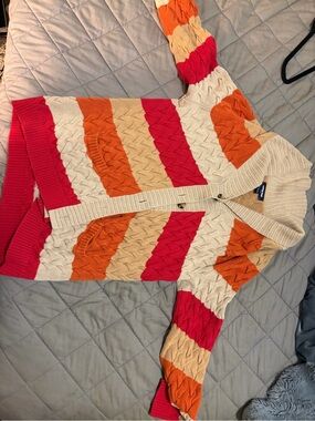 Lands' End Colorblock Cable-Knit Cardigan in Cream, Orange & Pink
